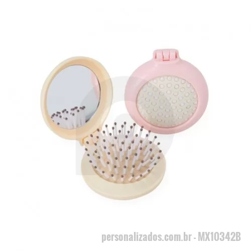 Escova de cabelo com espelho personalizada - Escova com espelho em material plástico com acabamento leitoso.