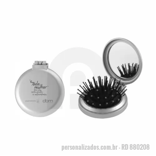 Escova de cabelo com espelho personalizada - Espelho de bolsa redondo com escova em plástico aluminizado. Ideal para levar na bolsa.