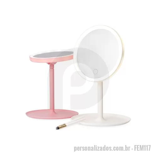 Espelho com Led personalizado - Espelho de mesa com estrutura plástica de fácil montagem e rotação de até 90 graus. Possui iluminação em LED recarregável com três níveis de intensidade ajustáveis pelo botão de toque no espelho.