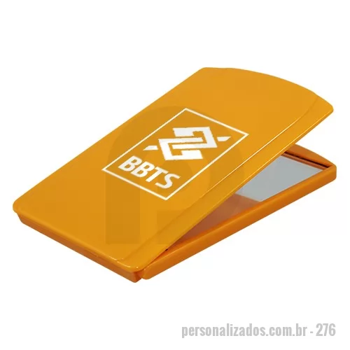 Espelho de bolso personalizado - Espelho de bolsa, portátil, formato retangular com tampa protetora articulada,  feito em Plástico Premium (PSAI) resistente a impactos e riscos.