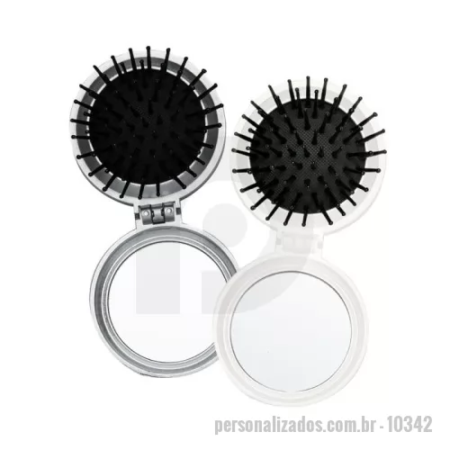 Espelho de bolso personalizado - Descrição: Escova com espelho redonda em plástico resistente. Parte superior plana e parte inferior emborracha com relevo, estando aberta a peça basta empurrar a parte emborrachada(lado de fora) para poder utilizar a escova.  Medidas aproximadas para gravação (CxL):  5,3 cm x 5,3 cm  Tamanho total aproximado  (CxL):  7,5 cm x 6,6 cm  Peso aproximado (g):  38