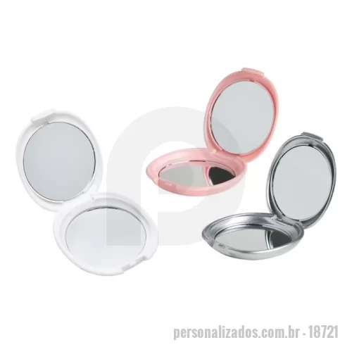 Espelho de bolso personalizado - Espelho duplo compacto de vidro sem aumento, moldura plástica em formato oval com trava de fechamento.
