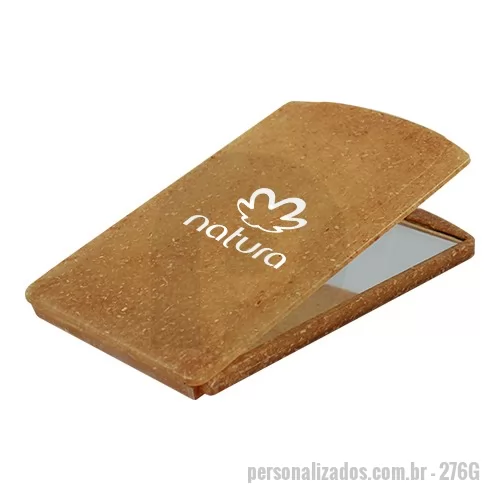 Espelho Ecológico personalizado - Espelho de bolsa Eco Sustentável, portátil, formato retangular com tampa protetora articulada, feito com 50% de Fibra Natural de Coco ou Madeira e 50% de Plástico Premium (PP).