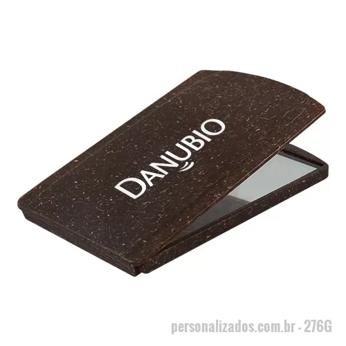 Espelho Ecológico personalizado - Espelho de bolsa Eco Sustentável, portátil, formato retangular com tampa protetora articulada, feito com 50% de Fibra Natural de Coco ou Madeira e 50% de Plástico Premium (PP).