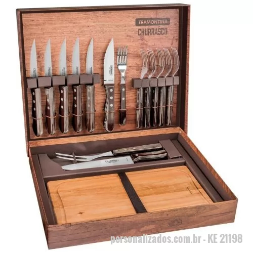 Estojo para kit churrasco e kit cozinha personalizado - Kit churrasco Tramontina 15 peças linha Polywood em magnífico estojo para presente. Gravação da logomarca a laser na lâmina das facas e na tábua de churrasco. Destaque sua marca num presente para toda a vida.  Frete grátis para Sul, Sudeste e Centro Oeste. 