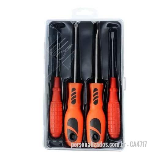Ferramenta personalizada - Kit ferramenta 4 peças em estojo plástico com trava de segurança Contém 2 chaves de fenda e 2 chaves Phillips.