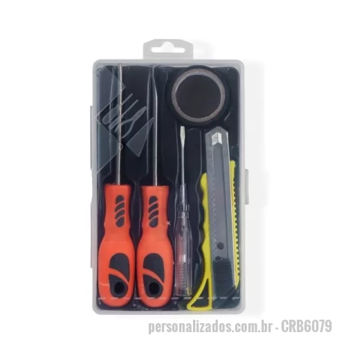 Ferramenta personalizada - Kit ferramentas 5 peças em estojo plástico com trava de segurança.   Contém Uma chave phillips, uma chave de fenda, uma chave teste, um estilete e uma fita isolante.