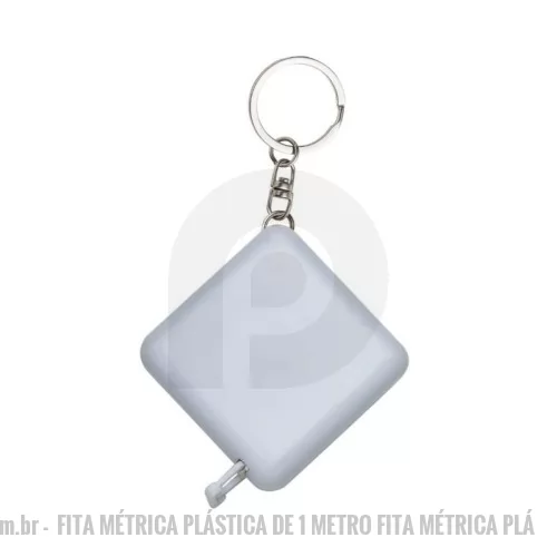 Fita métrica personalizada - Fita métrica de 1 metro em plástico quadrangular, frente lisa e verso com botão (trava). Acompanha chaveiro.