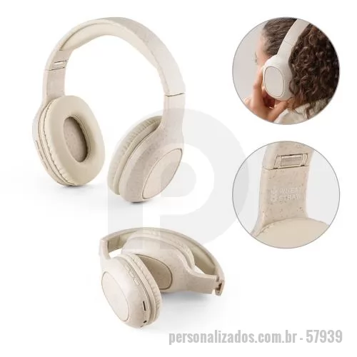 Fone de Ouvido Bluetooth personalizado - Fones de ouvido dobráveis wireless em fibra de palha de trigo e ABS. Potência de 32mW e transmissão bluetooth 5.0 com alcance até 10m. Bateria com capacidade de 400mAh e tempo de reprodução até 13 horas. Incluso porta AUX, slot para cartão TF/SD e ca