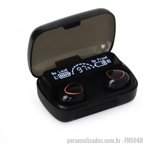 Fone de Ouvido Bluetooth personalizado - Fone de Ouvido Bluetooth Personalizado - FN5048 - Fone de ouvido bluetooth com comandos touch e case carregador. Com display de bateria e fechamento magnético, o case pode ser utilizado também como um power bank de baixa capacidade para emergências . Material plástico. Acompanham 2 pares de eartips em diferentes tamanhos e cabo USB. - 153998 - Fone de Ouvido Bluetooth