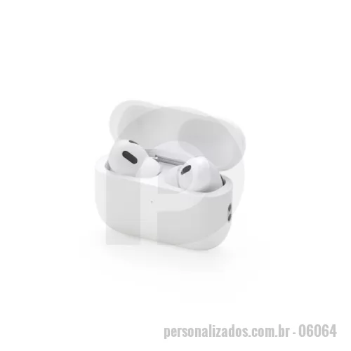 Fone de Ouvido Bluetooth personalizado - Fone de ouvido bluetooth com comandos touch e case carregador de fechamento magnético. Acompanha USB Lightning e cordão de nylon com clipe integrado que facilita a fixação em mochilas e bolsas.