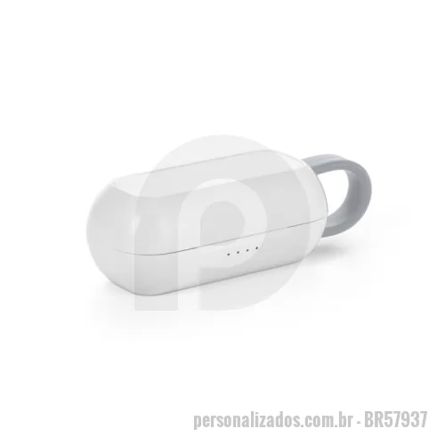 Fone de Ouvido Bluetooth personalizado - Fone de ouvido wireless stereo em ABS com transmissão sem fios BT v5.0 e autonomia aproximada de 3 horas. O estojo de carregamento, com uma bateria 250 mAh, é também em ABS e contém uma presilha em silicone que permite transportar e carregar os fones de forma fácil e confortável. Produto com cabo de carregamento micro USB incluso. 