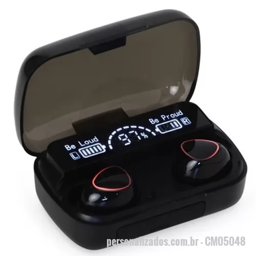 Fone de Ouvido Bluetooth personalizado - Fone de ouvido bluetooth com comandos touch e case carregador. Com display de bateria e fechamento magnético, o case pode ser utilizado também como um power bank de baixa capacidade para emergências . Material plástico. Acompanham 2 pares de eartips em diferentes tamanhos e cabo USB.