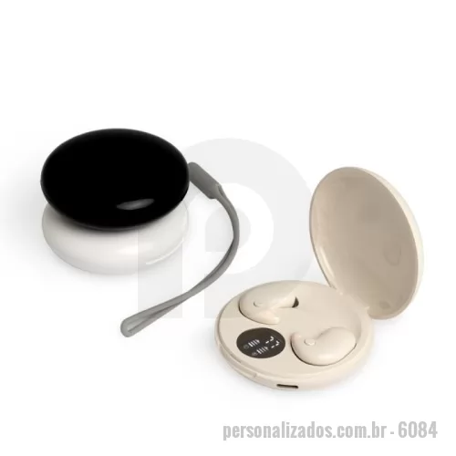 Fone de Ouvido Bluetooth personalizado -  Fone de ouvido bluetooth vem com um botão para comandos e um case carregador com display de bateria. Também possui um modo sono, onde funciona por 45 minutos antes de desligar automaticamente. Acompanha USB Tipo-C, cordão de silicone e 2 pares de eartips em diferentes tamanhos.