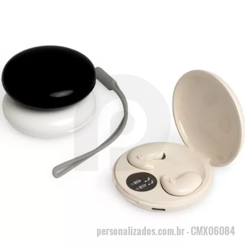 Fone de Ouvido Bluetooth personalizado - Fone de ouvido bluetooth vem com um botão para comandos e um case carregador com display de bateria. Também possui um modo sono, onde funciona por 45 minutos antes de desligar automaticamente. Acompanha USB Tipo-C, cordão de silicone e 2 pares de eartips em diferentes tamanhos.