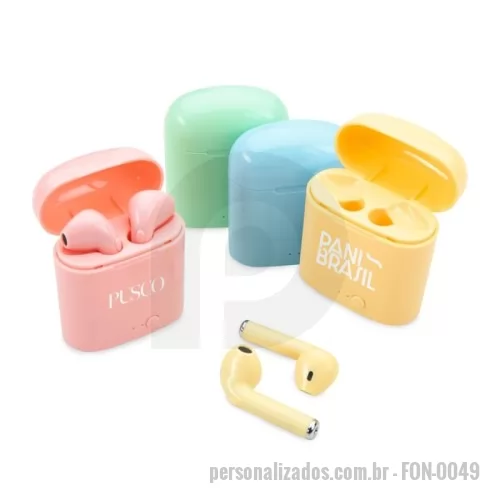 Fone de Ouvido Bluetooth personalizado - Fone bluetooth plástico com case carregador. 