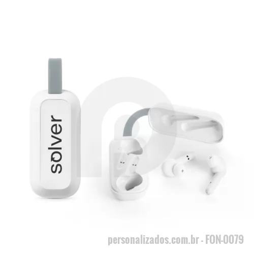 Fone de Ouvido Bluetooth personalizado - Fones de ouvido wireless stereo em ABS com transmissão por bluetooth 5.0 e tempo de reprodução de 3 horas. O estojo de carregamento, com uma bateria 250 mAh, é também em ABS e contém uma presilha em silicone que permite transportar e carregar os fones de forma fácil e confortável. Produto fornecido em caixa presente com cabo de carregamento micro USB. 