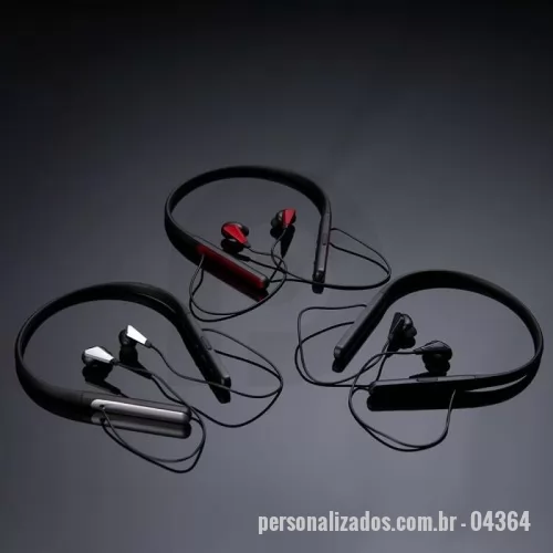 Fone de Ouvido Bluetooth personalizado - Fone de ouvido bluetooth com haste para pescoço. Possui microfone para atendimento de chamadas telefônicas, botões liga/desliga, + e – na haste, acompanha USB.