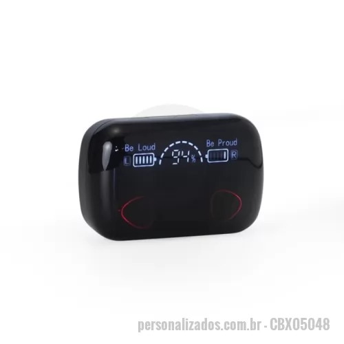 Fone de Ouvido Bluetooth personalizado - Fone de Ouvido Bluetooth Personalizado - CBX05048 - Fone de Ouvido Bluetooth com Case Carregador – Tecnologia, Praticidade e Estilo  Com design moderno e funcional, este fone de ouvido Bluetooth oferece comandos touch para facilitar o uso no dia a dia. Acompanha um case com fechamento magnético e display de bateria, que também pode ser utilizado como power bank de baixa capacidade em situações de emergência. Fabricado em material plástico leve e resistente, inclui 2 pares de eartips em tamanhos diferentes para melhor ajuste e um cabo USB para recarga.  Especificações:  Dimensões do case: 8 cm x 5,2 cm x 3,5 cm  Área para gravação no case: 3 cm x 6 cm  Dimensões do fone: 2,4 cm x 1,8 cm  Peso aproximado: 81 g - 175946 - Fone de Ouvido Bluetooth