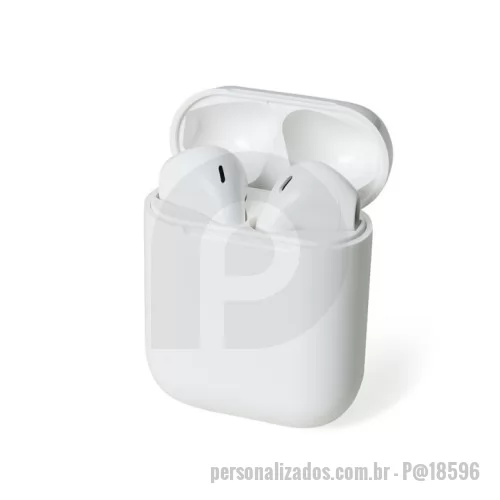 Fone de Ouvido Bluetooth personalizado - Descrição: Fone de ouvido bluetooth com comandos touch, microfone e case carregador de fechamento magnético. Fones e case com acabamento brilhante, acompanha USB Lightning.