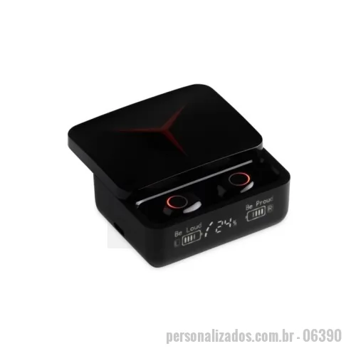 Fone de Ouvido Bluetooth personalizado - Fone de ouvido bluetooth com comandos touch e case carregador. Com display de bateria, o case pode ser utilizado também como um power bank de baixa capacidade para emergências. Material plástico. Acompanham cabo USB.
