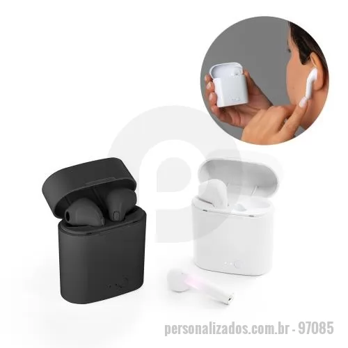 Fone de ouvido personalizado - Fone de ouvido True Wireless em ABS com microfone e caixa de carregamento de 250mah. Transmissão por bluetooth 5.1, autonomia até 1.5h, frequência 20Hz-20KHz, 98 dB e impedância de 32?. Cada fone tem um botão multifunções e a caixa tem uma porta micro USB para ser carregada. Fornecidos em caixa. 