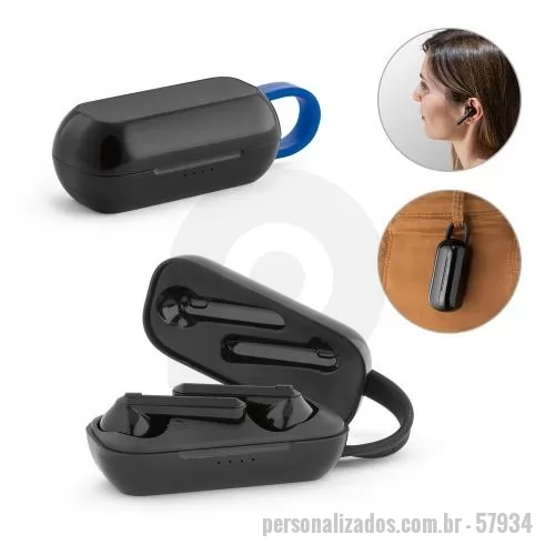 Fone de ouvido personalizado - Fones de ouvido wireless stereo em ABS com transmissão por bluetooth 5.0 e tempo de reprodução até 3 horas. O estojo de carregamento, com uma bateria 250 mAh, é também em ABS e contém uma presilha em silicone que permite transportar e carregar os fones de forma fácil e cómoda. Produto fornecido em caixa de oferta com cabo de carregamento micro USB. 