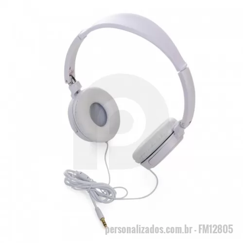 Fone de ouvido personalizado - Headphone estéreo, plástico resistente com haste ajustável e fone giratório. Entrada P2. Cores Disponíveis: Branco e Preto