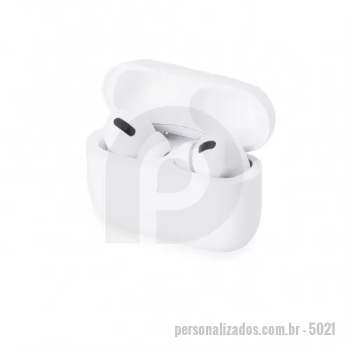 Fone de ouvido personalizado - Fone de ouvido bluetooth com comandos touch e case carregador de fechamento magnético. Acompanha USB Lightning. Obs.: O CARREGAMENTO MÍNIMO DO PRODUTO DEVE SER DE 2 HORAS, PRESERVANDO DESTE MODO A SAÚDE DO PRODUTO E PROLONGANDO O SEU TEMPO DE VIDA ÚTIL.