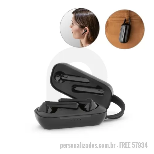 Fone de ouvido personalizado - Fones de ouvido wireless em ABS Fone de ouvido wireless stereo em ABS com transmissão sem fios BT v5.0 e autonomia aproximada de 3 horas. O estojo de carregamento, com uma bateria 250 mAh, é também em ABS e contém uma presilha em silicone que permite transportar e carregar os fones de forma fácil e cómoda. Produto com cabo de carregamento micro USB incluso. Fornecido em caixa de presente. 77 x 36 x 30 mm