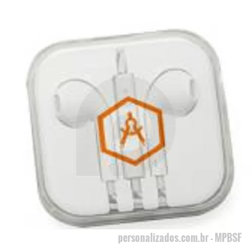 Fone de ouvido personalizado - Fone de ouvido intra auricular estéreo com fio, material plástico, entrada P2, tamanho aproximado 102cm x 1,7cm, cor branco, com embalagem plástica branca com tampa acrílica transparente, personalização em UV colorido.
