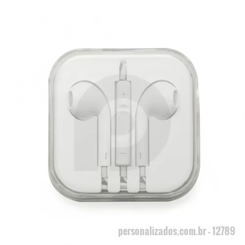 Fone de ouvido personalizado - Descrição: Fone de ouvido estéreo com microfone e controle de volume. Fone de ouvido plástico na cor branca, entrada P2, possui indicativo L(left) e R(right) na área interna do fone, detalhes internos vazados no fone(possibilita a visão da tela de proteção), microfone acoplado no suporte com desenho indicativo e no verso do suporte controle de volume com desenho indicativo – e +. Acompanha embalagem plástica branca com tampa acrílica transparente. OBS.: Botões de volumes funcionam apenas em aparelhos da linha APPLE.  Altura :  6,2 cm  Largura :  6,2 cm  Espessura :  2 cm  Comprimento :  102 cm