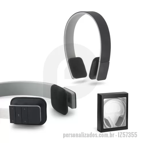 Fone de ouvido personalizado - Fones de ouvido ajustáveis em ABS, com acabamento emborrachado. Possui transmissão sem fios BT v4.1 e autonomia, aproximada, de 5 h. Possui função para atender chamadas, controle de volume e conexão à playlist do dispositivo móvel. Incluso cabo USB p