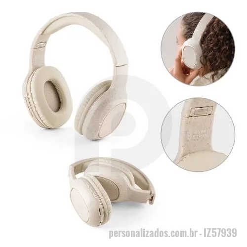 Fone de ouvido personalizado - Fone de ouvido dobráveis wireless em fibra de palha de trigo e ABS. Potência de 32 mW e transmissão BT v5.0 com alcance até 10m. Bateria com capacidade de 400mAh e autonomia, aproximada, de 13 horas. Incluso porta AUX, slot para cartão microSD e cabo