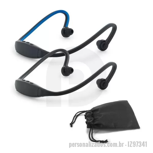 Fone de ouvido personalizado - Fone de ouvido desportivo em ABS e silicone com transmissão sem fios BT v4.0. Autonomia aproximada de 3 h. Função para atender chamadas e conexão à playlist do dispositivo móvel. Incluso cabo micro USB para carregar. Fornecido com bolsa em non-woven.