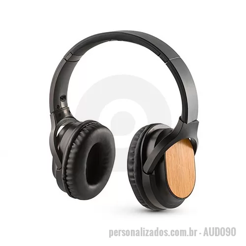 Fone de ouvido personalizado - Fones de ouvido sem fio personalizado, em bambu e ABS, com Bluetooth v5.0, entrada AUX e leitor de cartões TF. Bateria com capacidade de até 400 mAh, oferecendo aproximadamente 5 horas de autonomia. Embalagem presente em caixa de papel kraft.