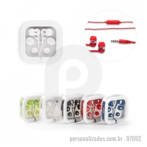 Fone de ouvido personalizado - Fone de ouvido com microfone incorporado e cabo de 1,20 m com ligação stereo 3,5 mm. Incluso 2 pares extra de adaptadores de fone em silicone (dois tamanhos diferentes). Fornecidos em caixa de PS e ABS. 70 x 70 x 18 mm