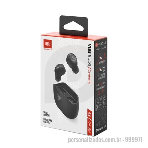 Fone de ouvido personalizado - 	Fone de ouvido sem fio com até 32 horas de bateria  Leve seu som para todos os lugares. Com graves que você pode sentir, até 32 horas de bateria e um design de fone seguro e confortável, os JBL Wave Buds resistentes a respingos e poeira são projetados para o seu entretenimento diário. Quer você esteja andando pelas ruas da cidade ou relaxando na praia, suas chamadas estéreo sem usar as mãos serão sempre nítidas, enquanto a tecnologia Smart Ambient mantém você ciente dos arredores. E quando precisar de um impulso extra, você pode acelerar a carga, com duas horas adicionais de energia em apenas 10 minutos.