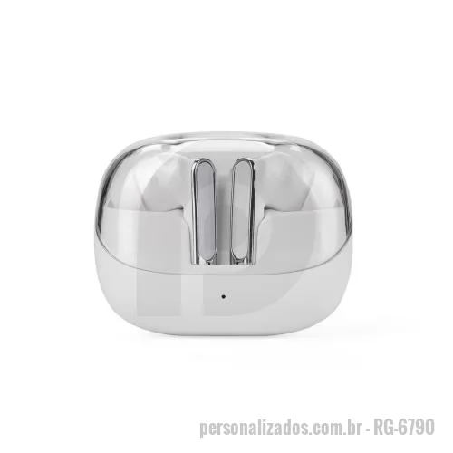 Fone de ouvido personalizado - Fones sem fio resistentes a respingos. Bluetooth 5.4, comandos touch, estojo texturizado com entrada USB-C. Acompanha cordão em nylon.
