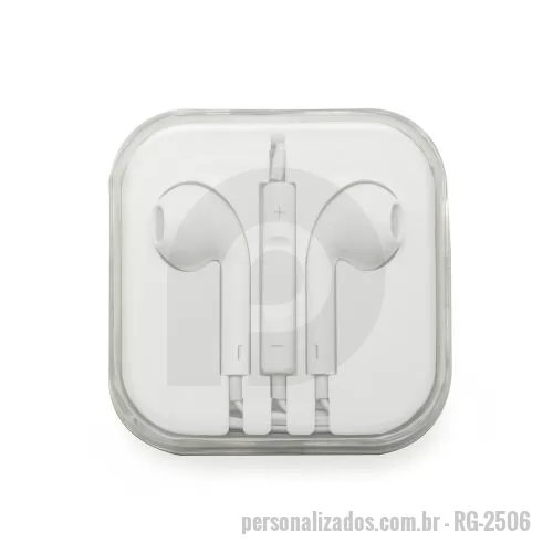 Fone de ouvido personalizado - Fone de ouvido estéreo com microfone e controle de volume. Plástico na cor branca, entrada P2.