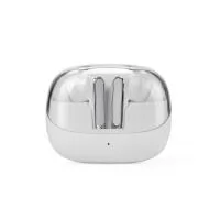 Fones sem fio resistentes a respingos. Bluetooth 5.4, comandos touch, estojo texturizado com entrada USB-C. Acompanha cordão em nylon.