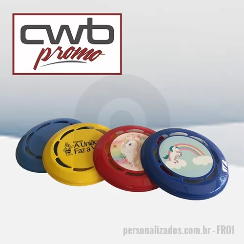 Frisbee personalizado - PRODUTO: Frisbee MEDIDAS: 22,5cm de diâmetro CAPACIDADE: - MATERIAL: Polipropileno PERSONALIZAÇÃO: Silk, transfer ou etiquetas com impressão digital CORES: Azul, Amarelo, Vermelho, Verde, Rosa e Lilás