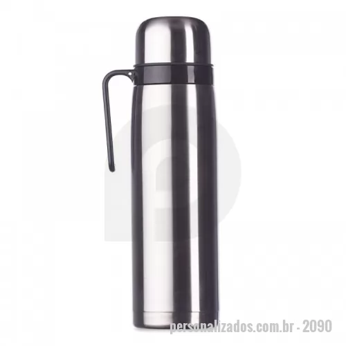 Garrafa de metal personalizada - Garrafa térmica 1 litro em inox com alça plástica preta. Possui tampa rosqueável, tampa interna rosqueável com bico plástico vermelho.