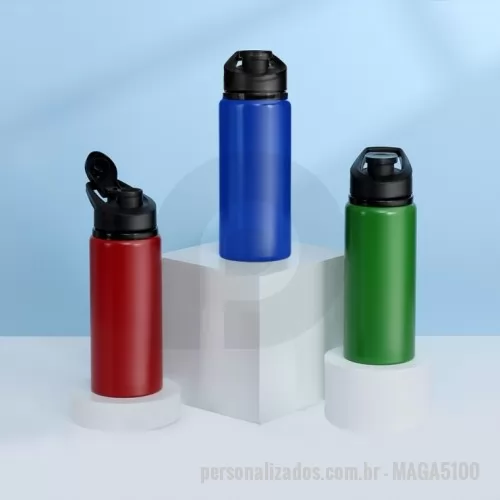 Garrafa de metal personalizada - Garrafa de alumínio com capacidade de até 600ml em cores. Tampa rosqueável, bico com tampa vedada de acesso rápido, e alça para transporte.