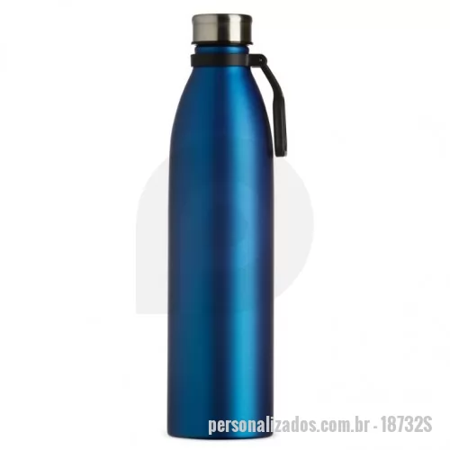Garrafa de metal personalizada -  Garrafa de inox com acabamento metalizado, capacidade de 1,1 litros. Tampa rosqueável e alça plástica para transporte.
