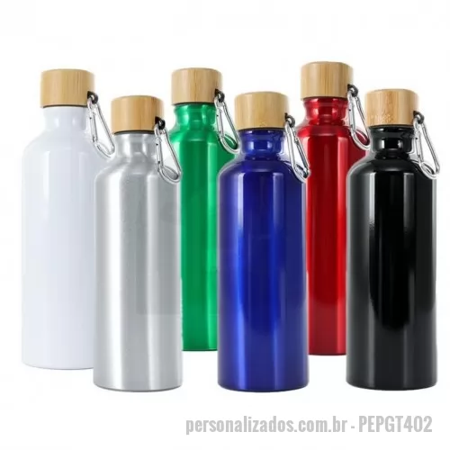 Garrafa de metal personalizada -  Garrafa de alumínio com capacidade de 500ml. Possui tampa de bambu e acompanha mosquetão de alumínio. 