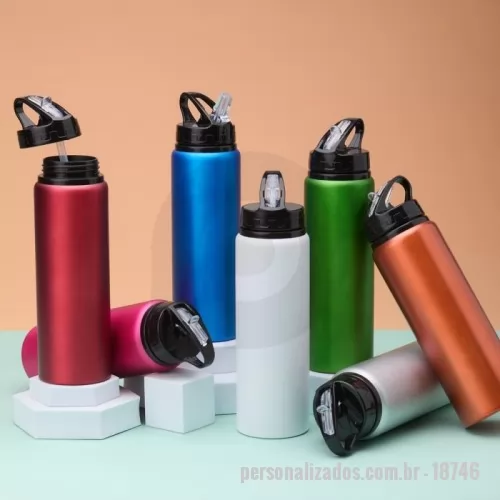Garrafa de metal personalizada - Squeeze de alumínio com capacidade de 800ml, tampa plástica com bico de canudo.