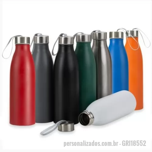 Garrafa de metal personalizada - Garrafa de metal Personalizada - GRI18552 - Garrafa de inox 750ml com tampa rosqueável e alça de nylon embutida,  todas as cores .   - 167334 - Garrafa de metal