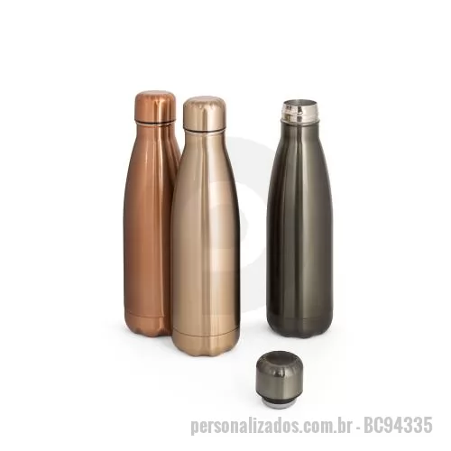 Garrafa de metal personalizada - Garrafa em aço inox de parede dupla térmica, isolada a vácuo. Garrafa com acabamento metalizado e tampa em aço inox. Todas as componentes da garrafa - tampa, corpo e base - na mesma cor. Capacidade até 510 mL. Fornecido em caixa presente de papel kra
