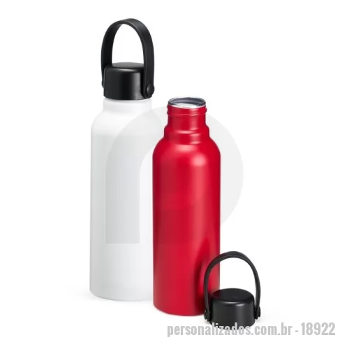Garrafa de metal personalizada - Descrição: Garrafa de alumínio com capacidade de 800ml. Leve e resistente, a garrafa possui tampa plástica rosqueável com alça integrada para facilitar o transporte.